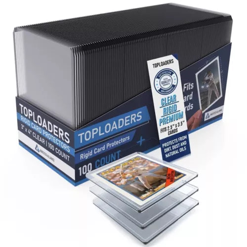 Box of Toploaders card protectors with a stack of clear card protectors on a white background