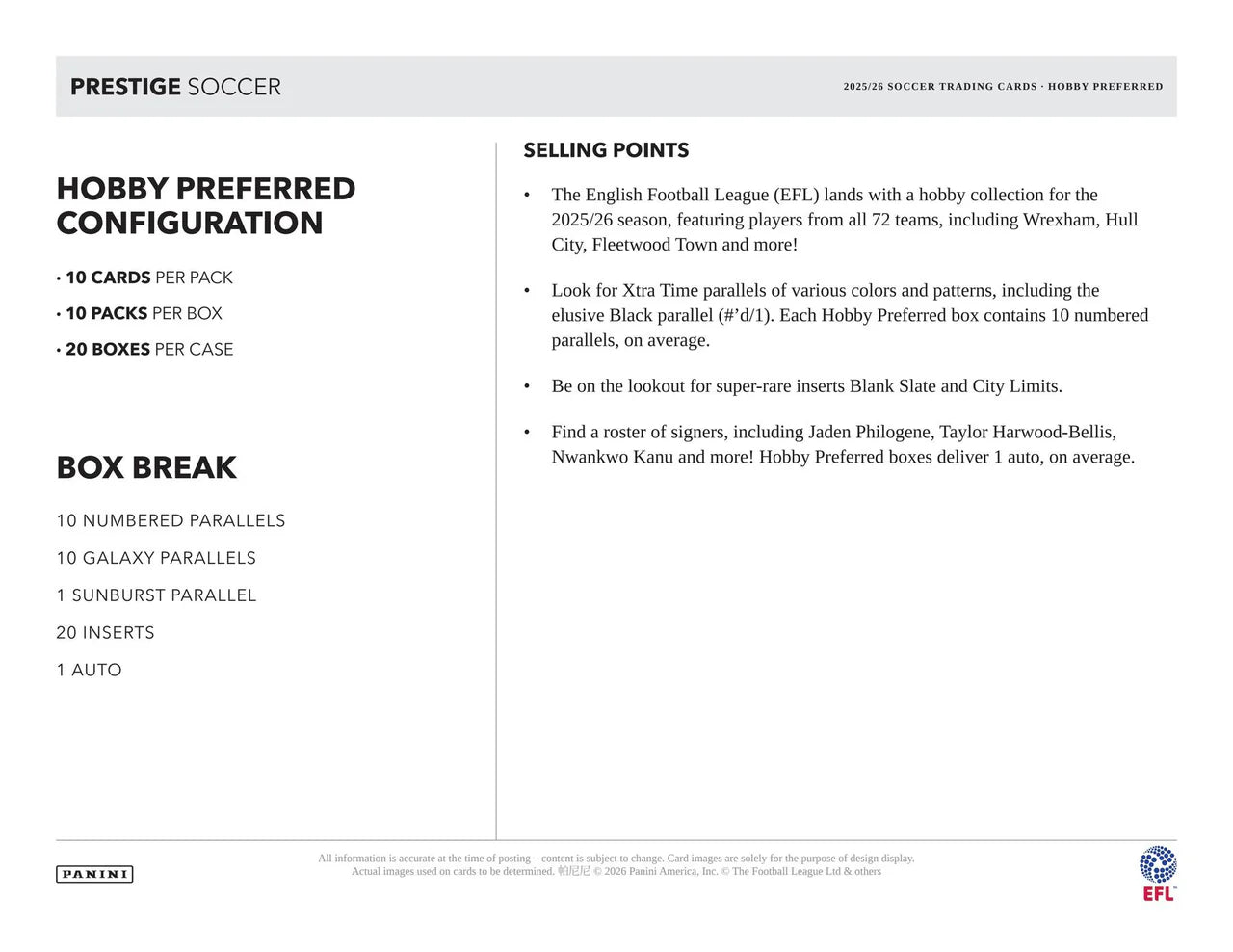 2025/26 Panini Prestige EFL Soccer Hobby Preferred