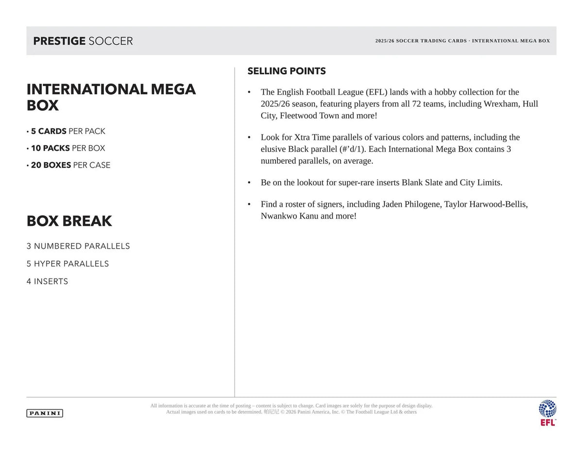Panini Prestige 2025/26 EFL Soccer International Mega