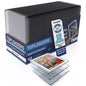 Box of Toploaders card protectors with a stack of clear card protectors on a white background